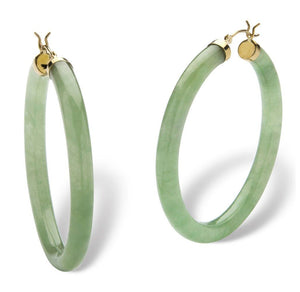 10K Yellow Gold Green Jade Hoop Earrings