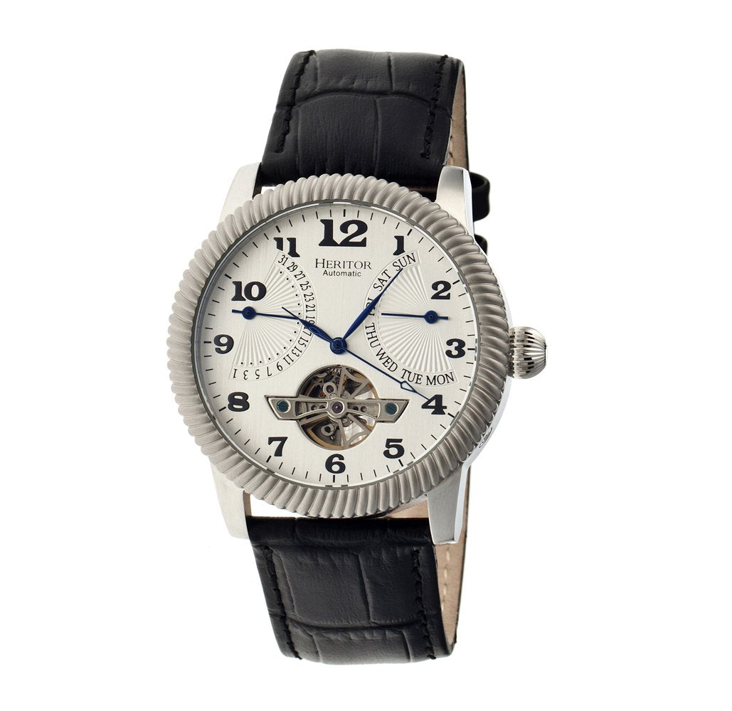 Heritor Piccard Automatic Semi-Skeleton Leather-Band Watch